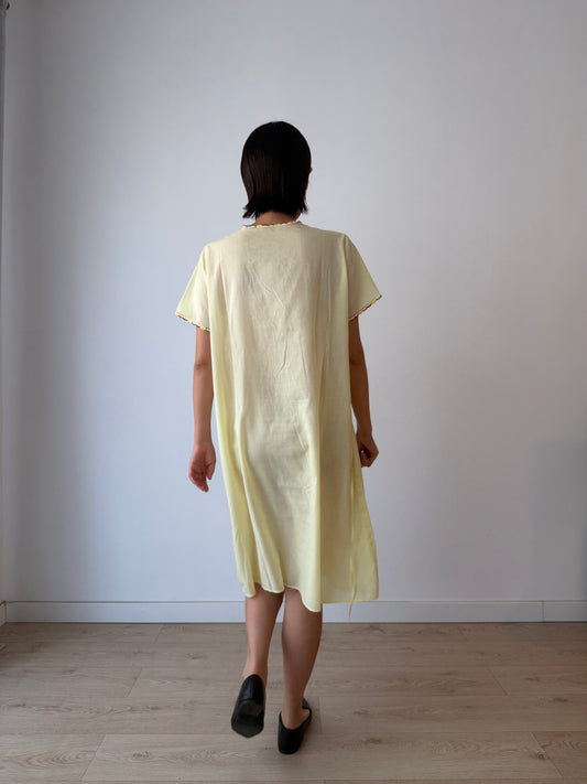 1940s Flower Embroidered Cotton Nightgown in Yellow: Long Slip Dress