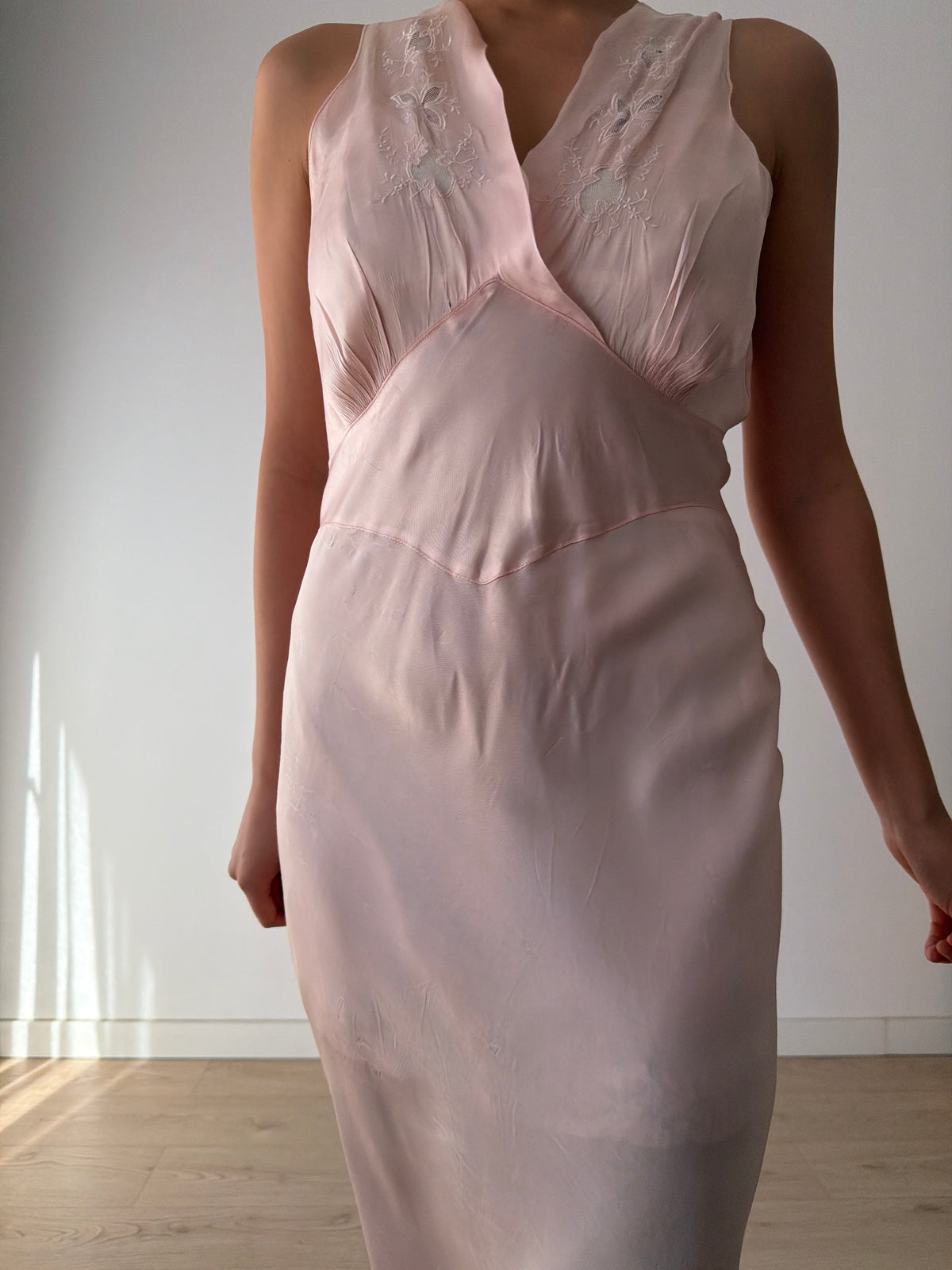 1930s–1940s Bias cut Pink Satin Nightgown, Floral Embroidery and Crossover V Neck, Vintage Maxi Dress