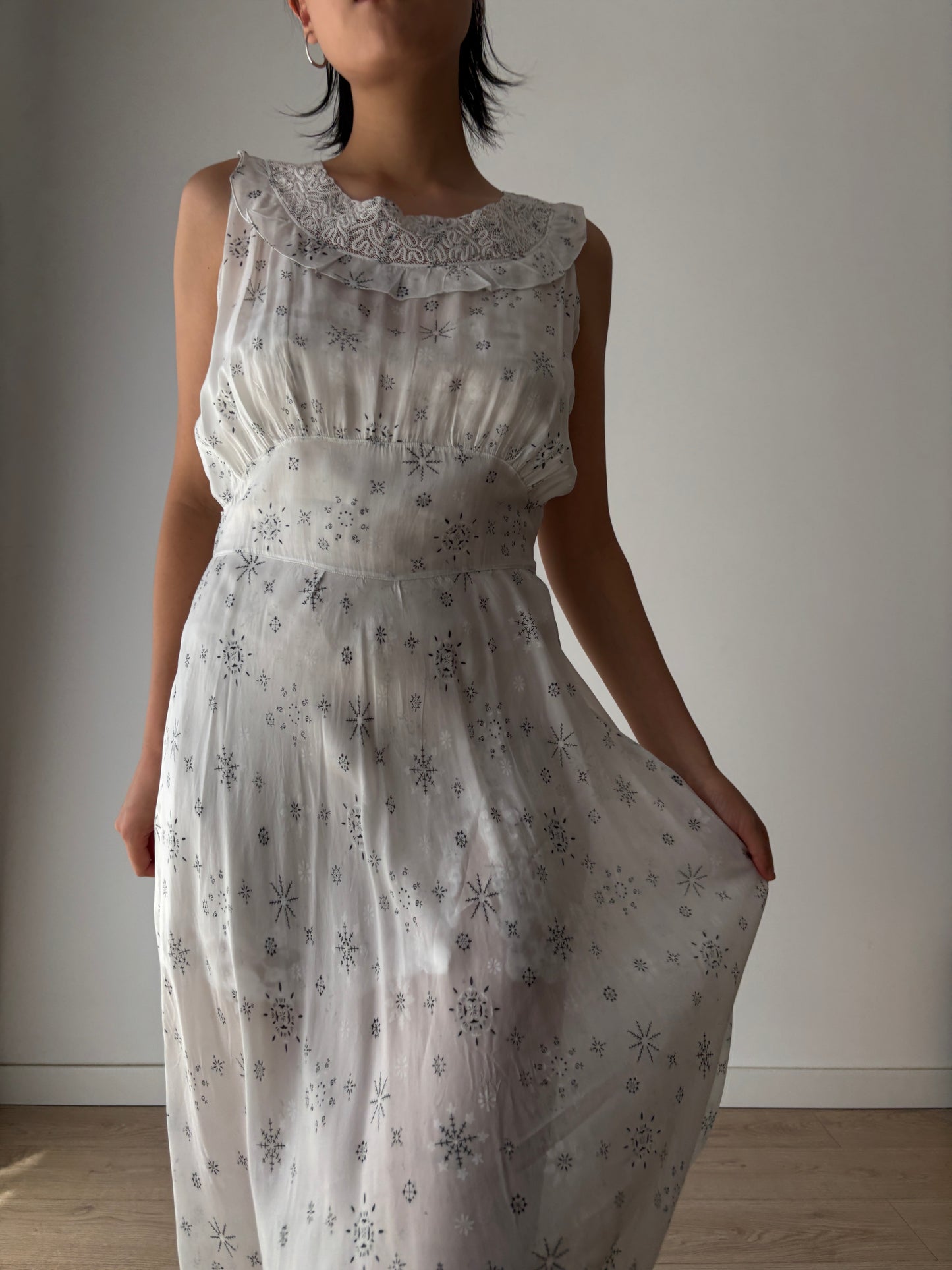 vintage 1940s blue print silk lace ribbon art deco style bias cut dress