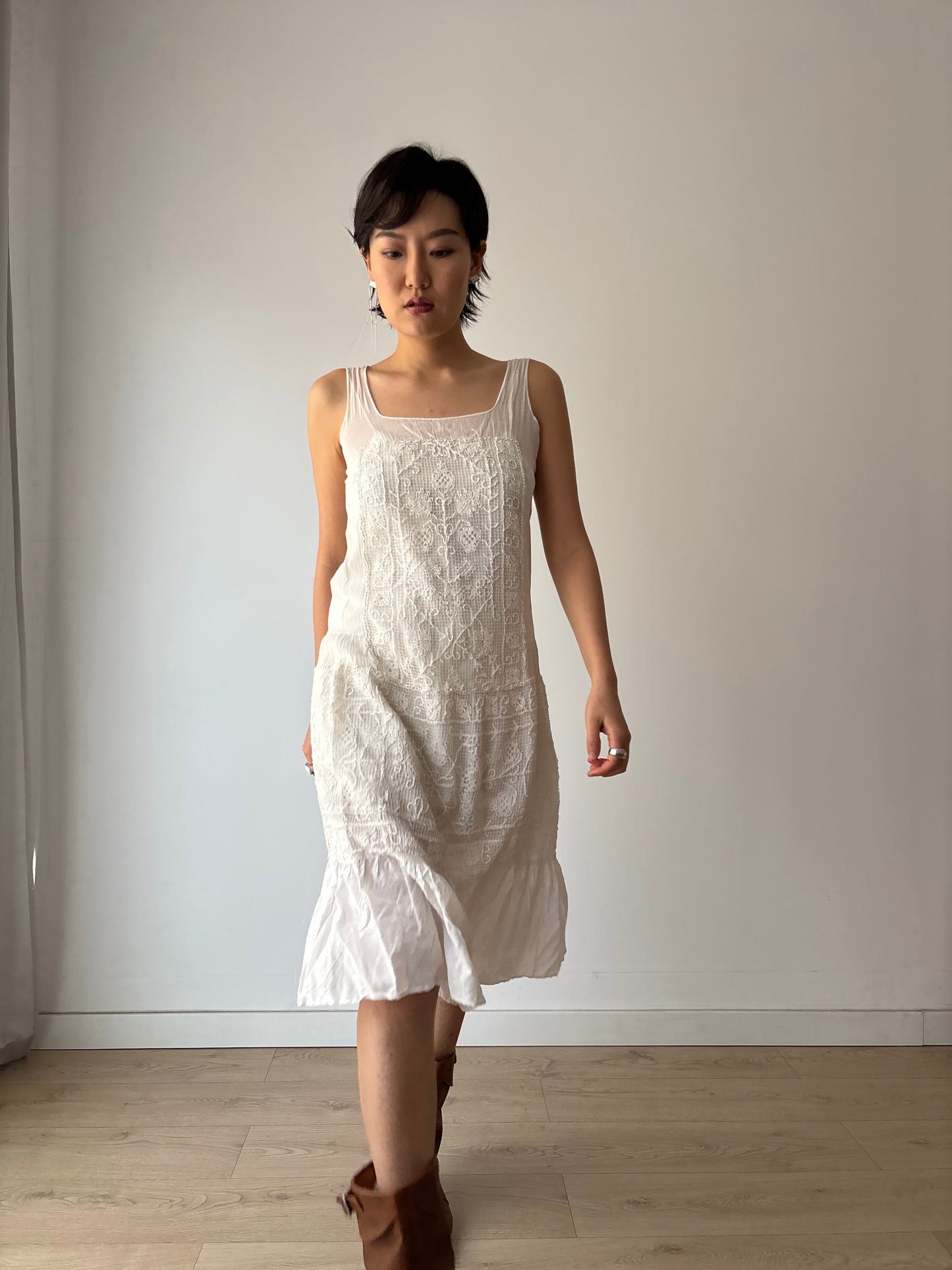 1930s White Cotton Lace NightDress: Handmade Embroidered & Knitted Details in Fine Cotton