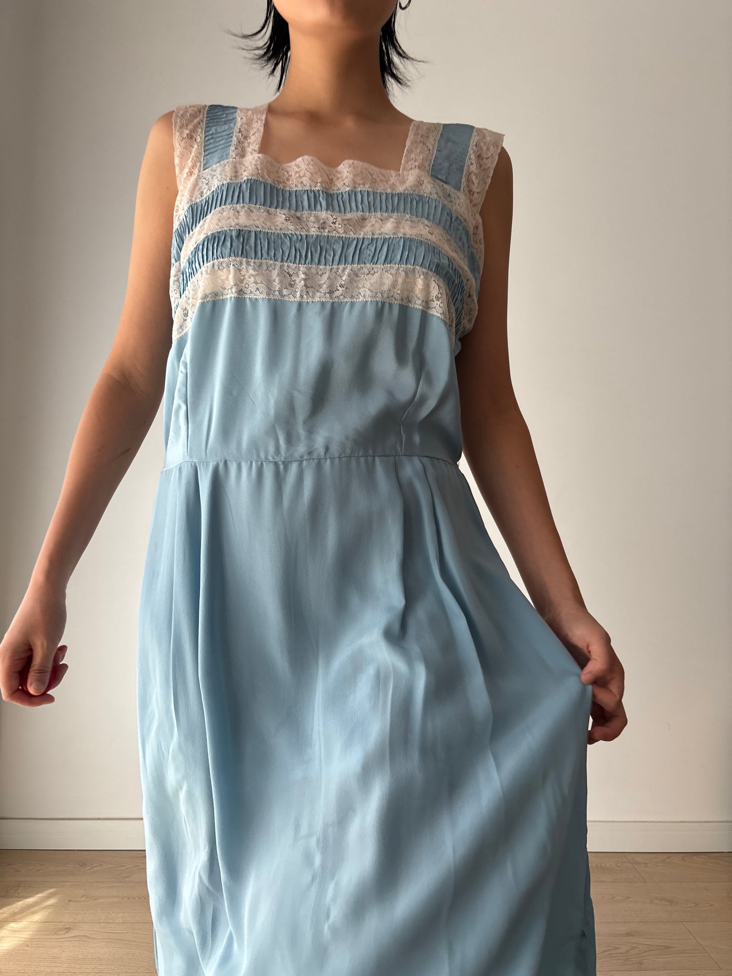 1950s 40s Blue Pure Silk Chiffon Nightgown 2 Piece Set / Robe and Slip Dress Lingerie Set,