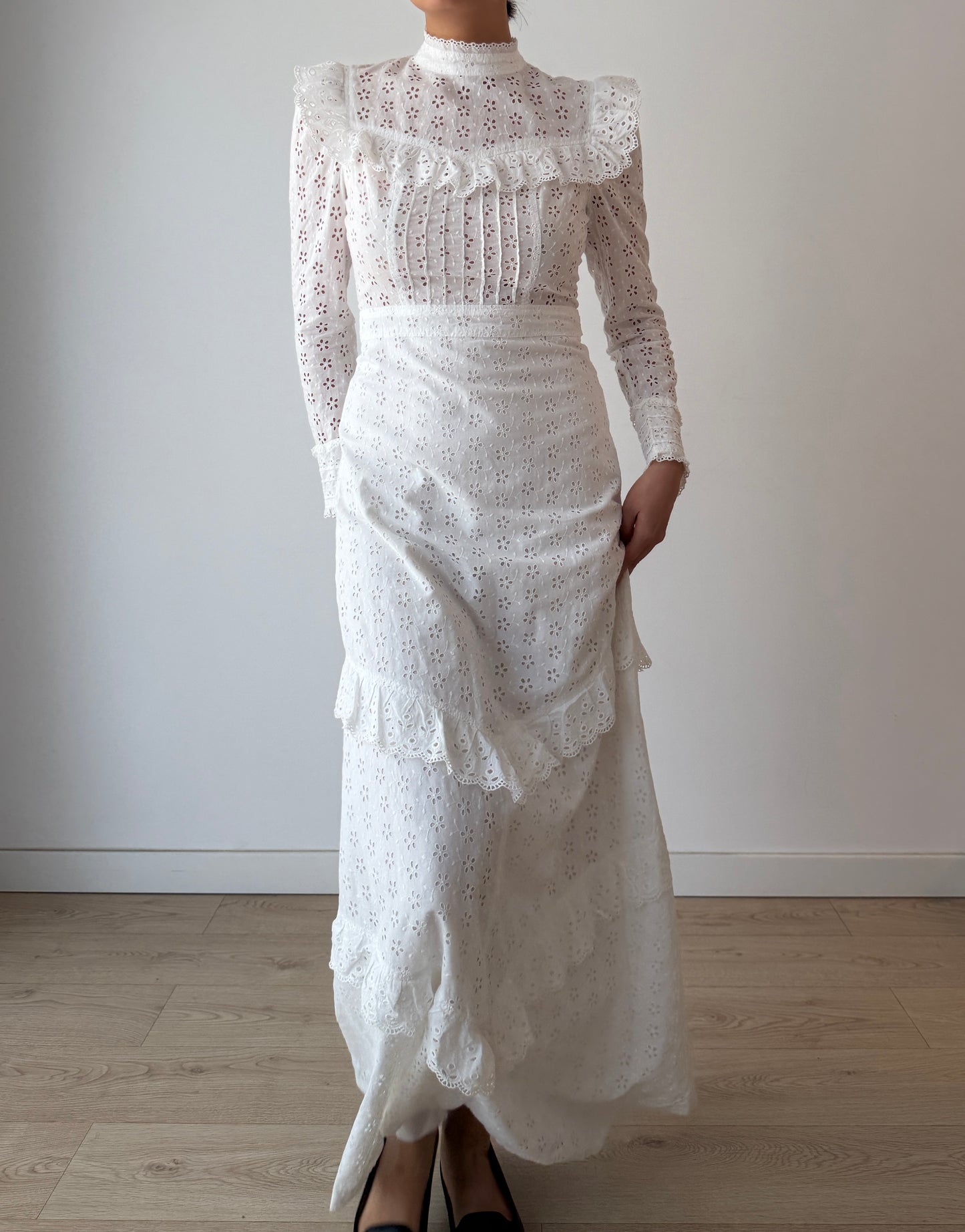 Vintage 1970s White Cotton Edwardian Style Revival Dress, Romantic Prairie Maxi Gown