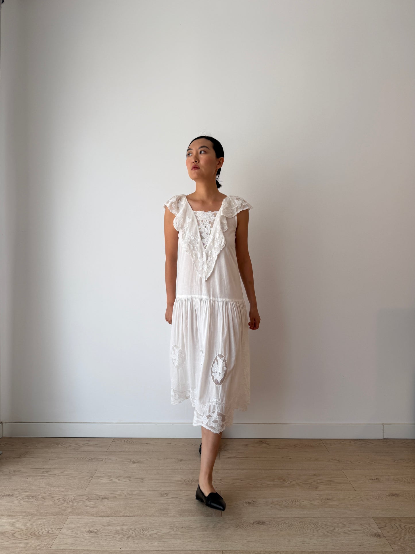 1940s 1950s White Cotton Floral Lace dress