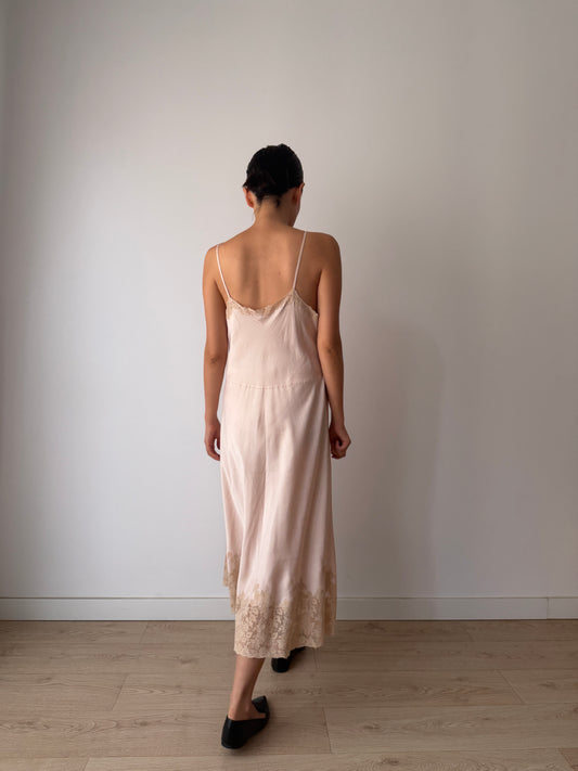 Rare 1940s Heavy Lace Pale Pink Floral Appliqué Pure Silk Bridal Camisole, 30s Slip Dress