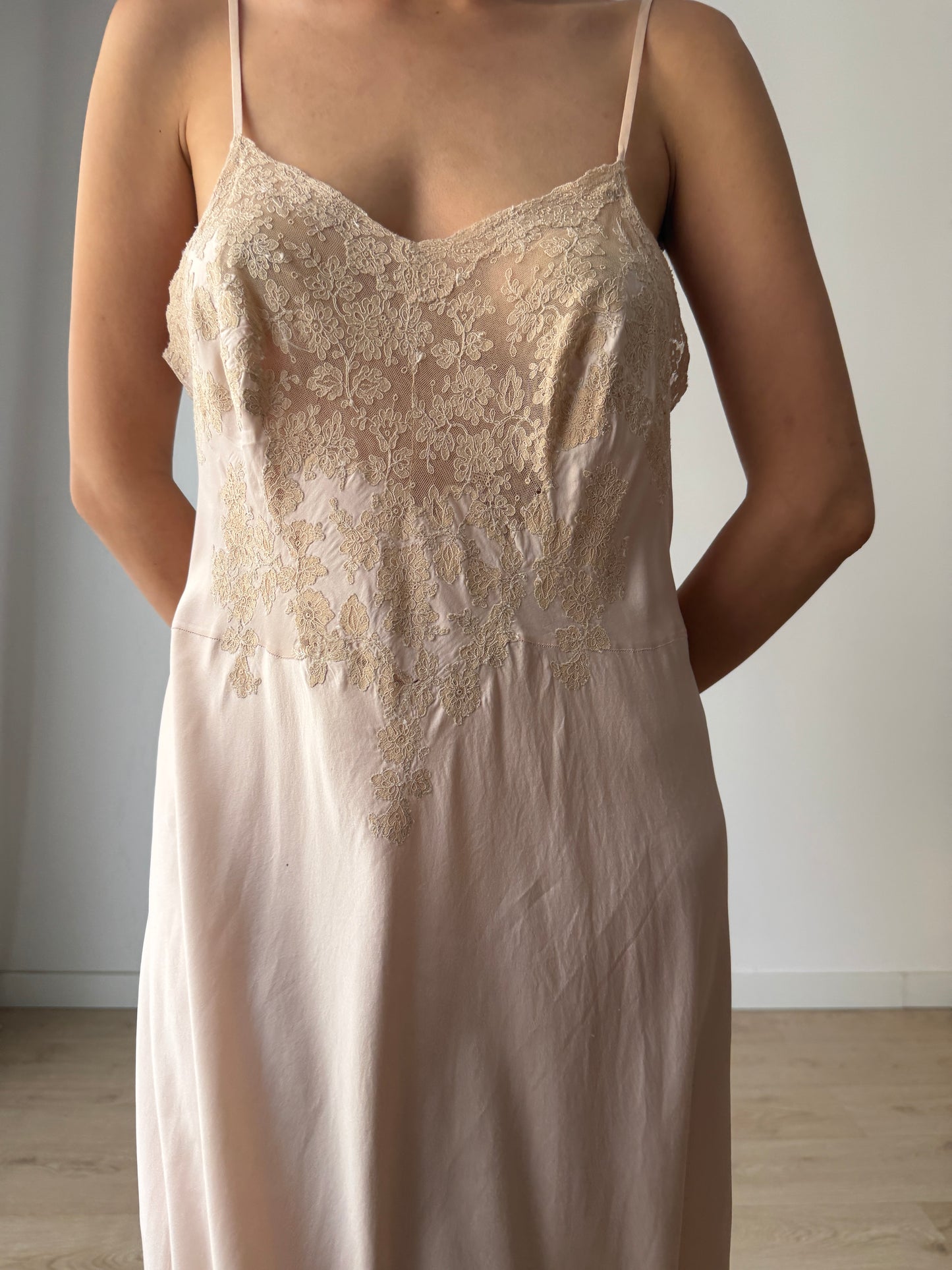 Rare 1940s Heavy Lace Pale Pink Floral Appliqué Pure Silk Bridal Camisole, 30s Slip Dress