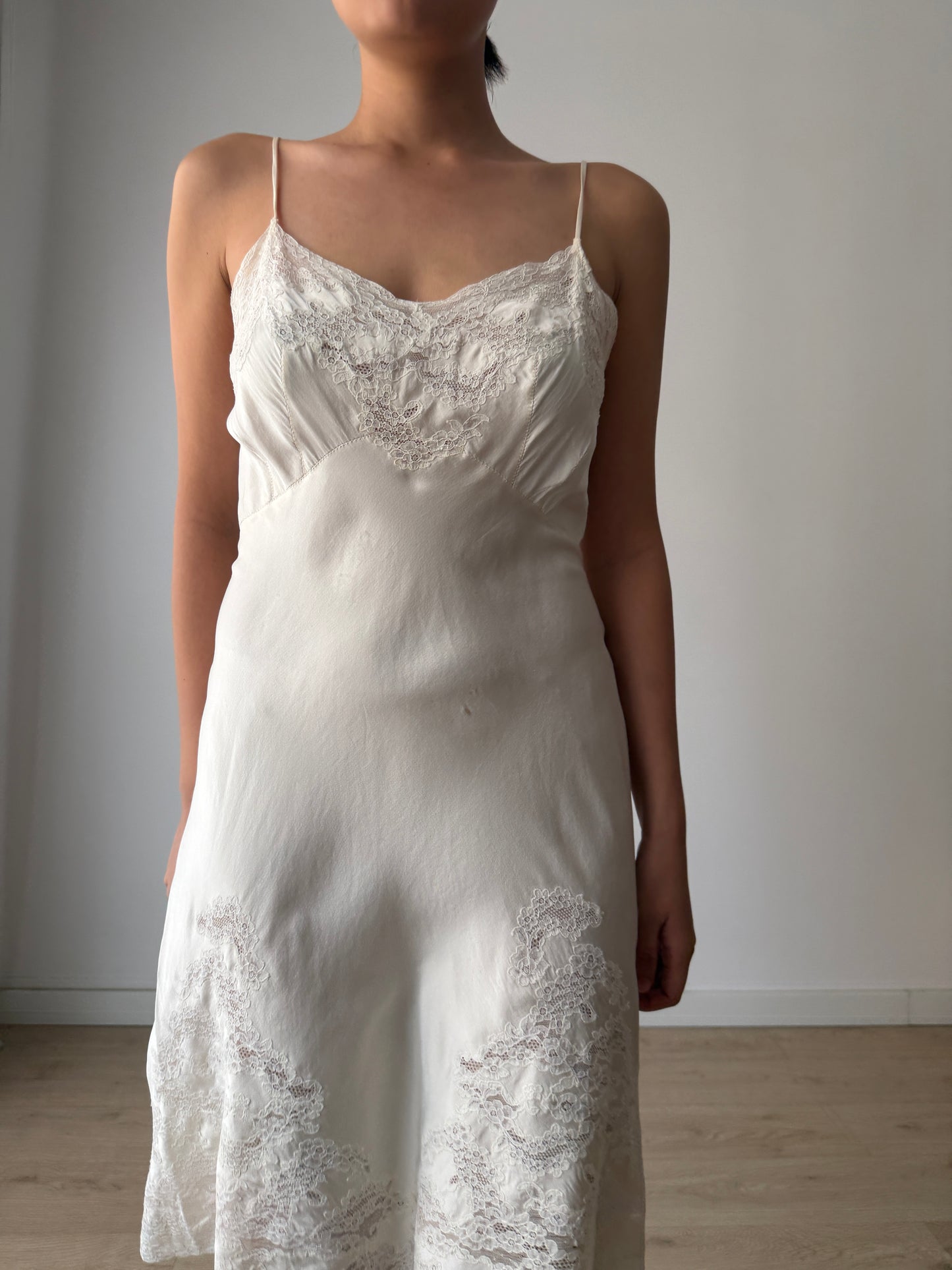 1930s Ivory Silk Slip Dress, Antique Floral Lace Appliqué, Bridal Vintage Clothing