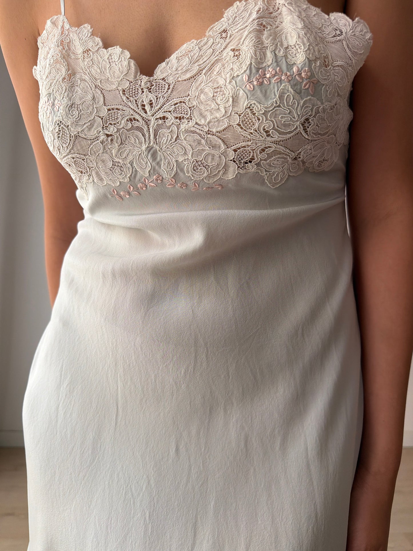 1930s Grey Blue French Lace Floral Appliqué Pure Silk Camisole Slip Dress,