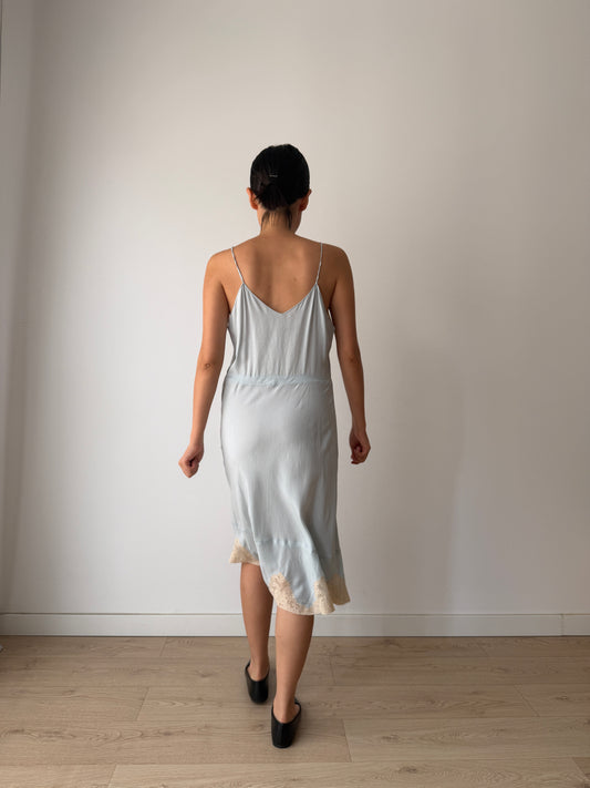1930s Pastel Blue Silk Lace Slip Dress, Floral Embroidered Camisole Nightdress