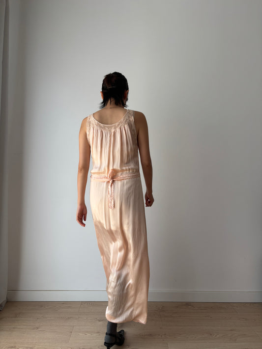 1940s pale pink liquid pure silk satin straight cut nightgown maxi lingerie dress