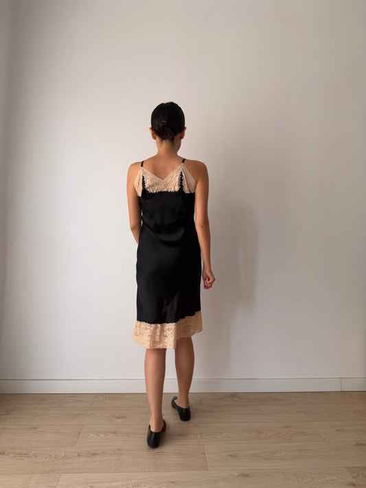 1930s Black Silk In Satin Lace Slip Dress, Vintage Mini Lingerie