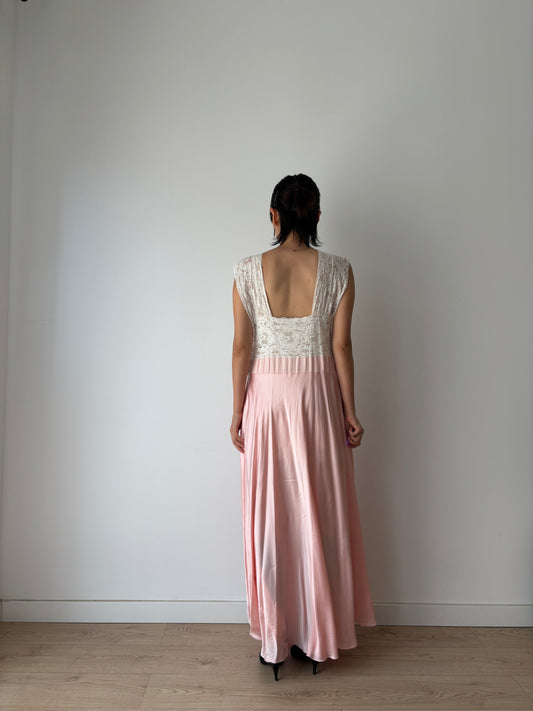 1940s Pink Silk Satin Bias Cut Bow Floral Lace Embroidered Maxi Dress