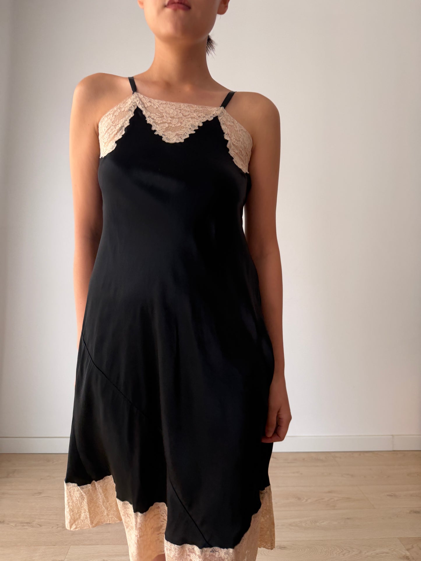 1930s Black Silk In Satin Lace Slip Dress, Vintage Mini Lingerie