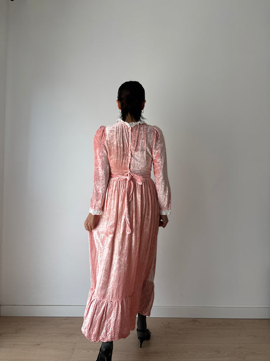 1940s Vintage Lace Velvet Pink Prom Formal Party Wedding Fairy Dress