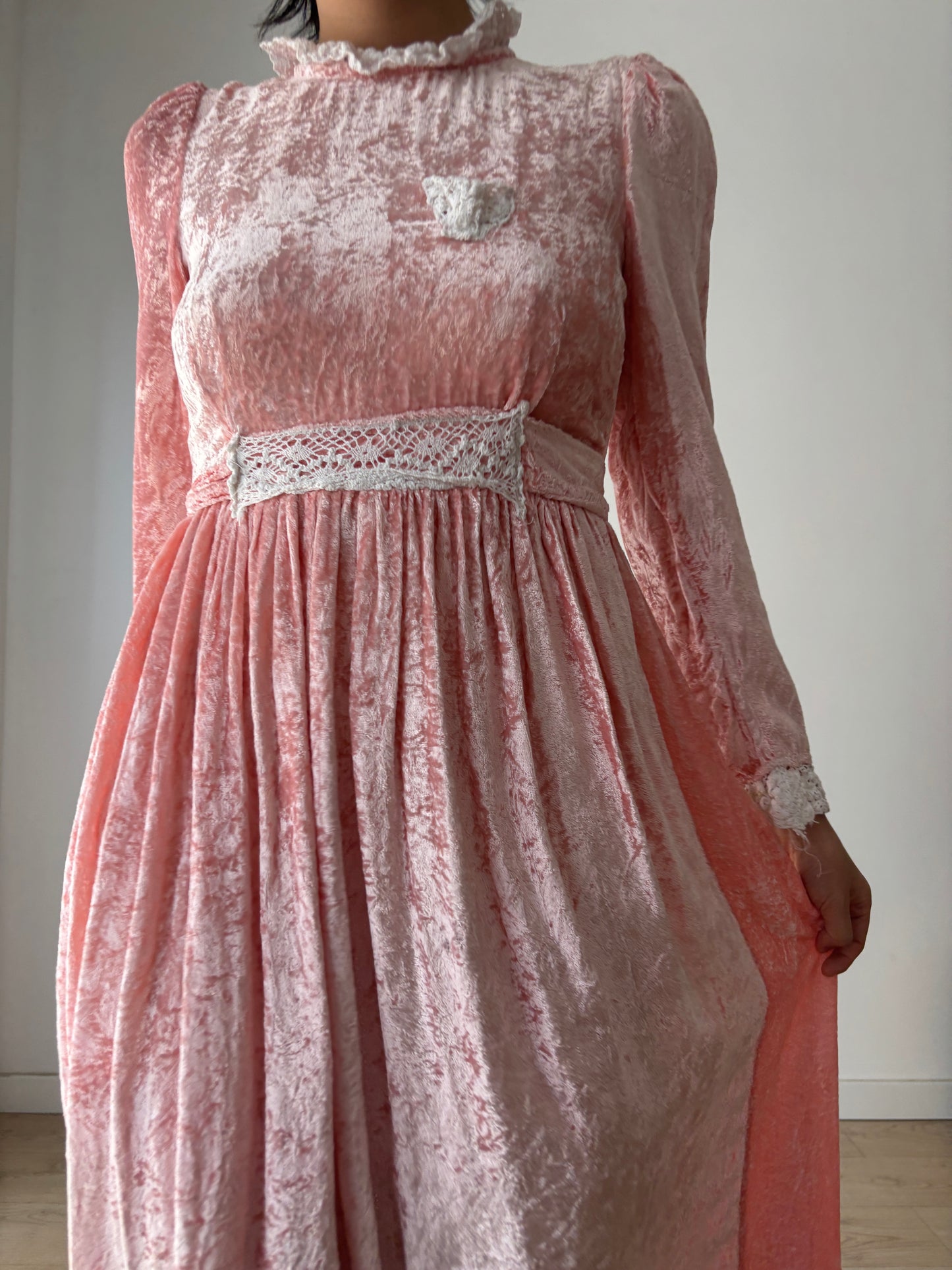 1940s Vintage Lace Velvet Pink Prom Formal Party Wedding Fairy Dress