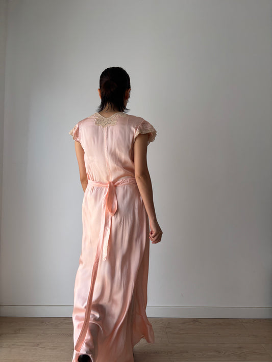 Rare 1930s 1940s Butterfly Sleeve Bias Cut Ruffle Lace Pastel Pink Silk Satin Dress