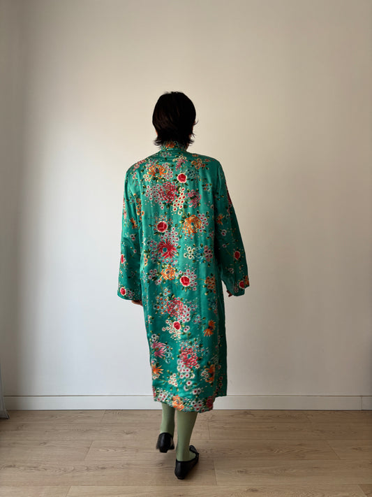 Vintage 1940s Green Cheongsam Jacket: Silk Rayon Floral Embroidered Pajama Coat