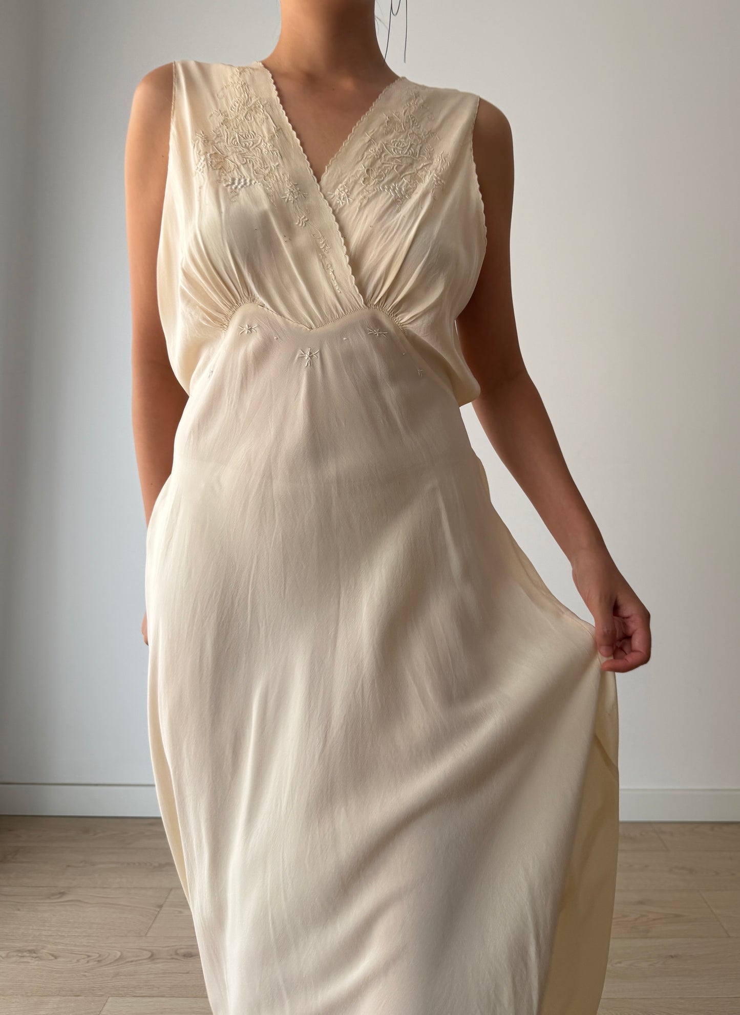 1950s bridal bias cut liquid pure silk crepe lace art deco style nightgown maxi slip dress
