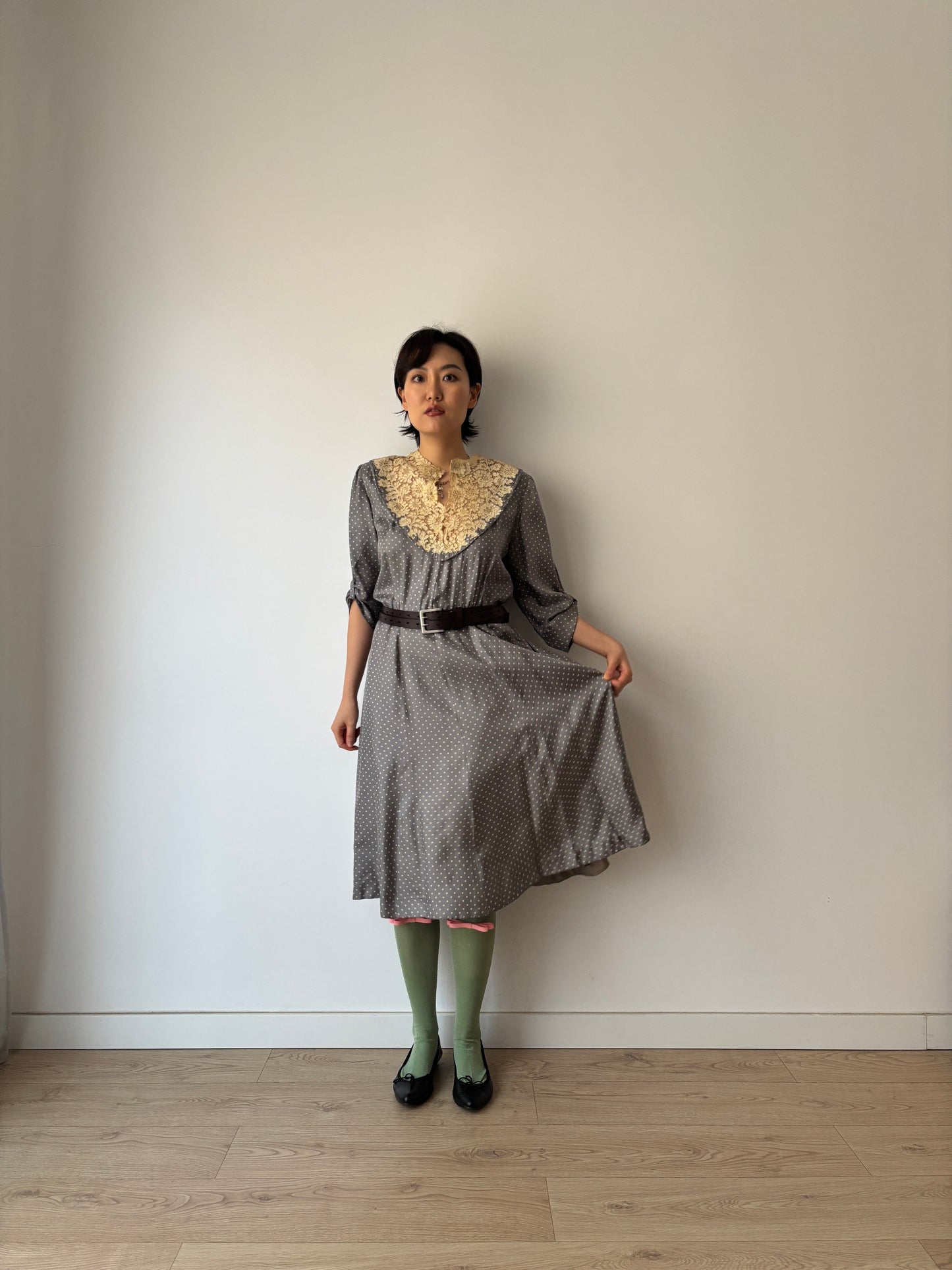 1930s Grey Silk Day Dress: Puff Sleeves with Dot Print