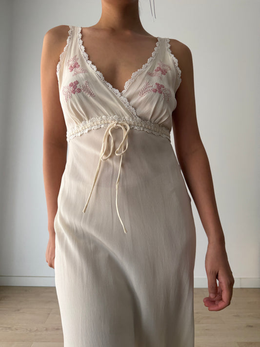 Vintage Bridal Pure Silk Romantic Floral Embroidered French Lace Nightgown, Event garden maxi Dress