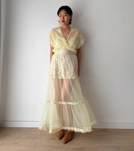 1960s Nylon Yellow Applique Floral Embroidered Long Slip Maxi dress
