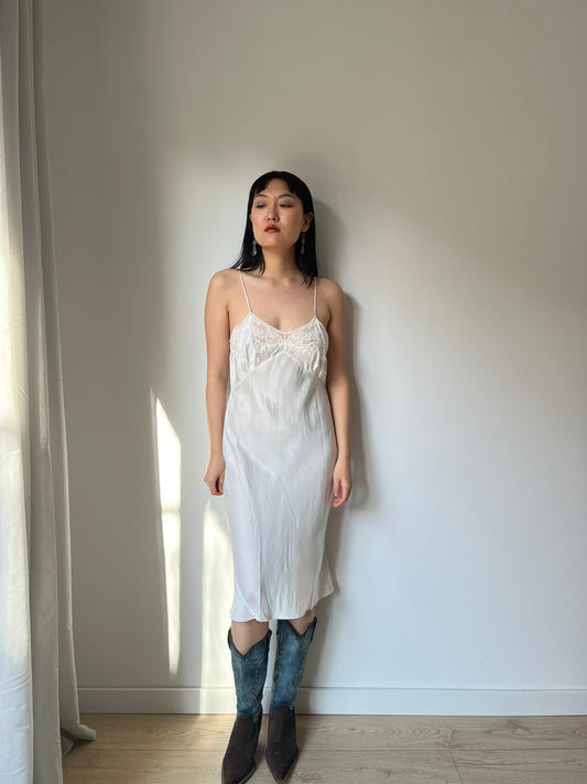 1930s Antique White Lace Liquid Silk Satin Slip dress, Bias cut Vintage lace mini dress