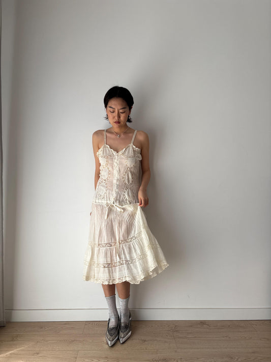 Antique 1910s Edwardian White Cotton Cut Work Eyelet Lace Floral Embroidered Lawn Dress