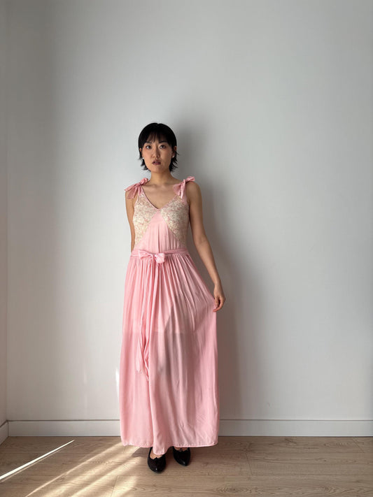 1930s Antique Pink Pure Silk Crepe Lace Nightgown with waist belt