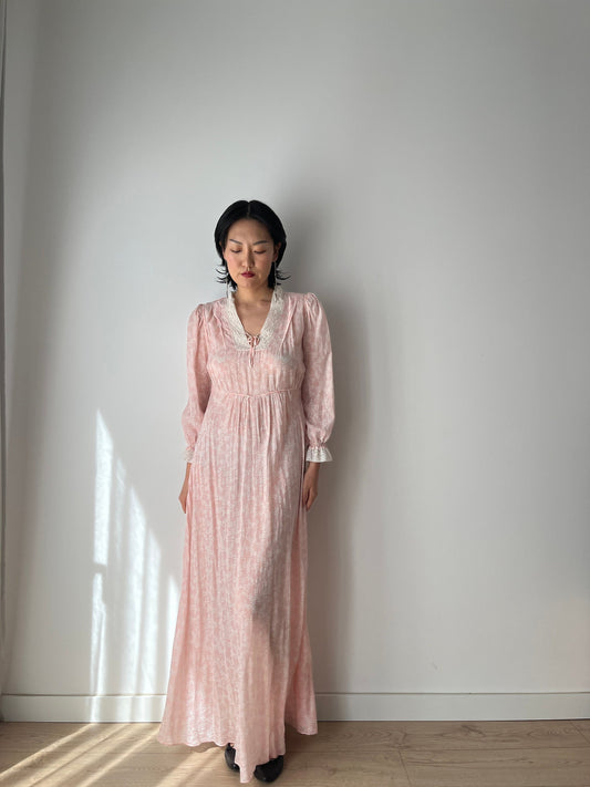 Antique 1940s bias cut liquid pure silk chiffon nightdress, Embroidered art deco pink maxi dress