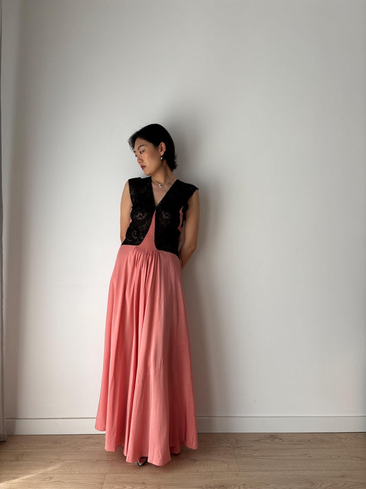 1930s Antique Bias Cut Rare Black Lace Pastel Pink Pure Silk romantic Dress