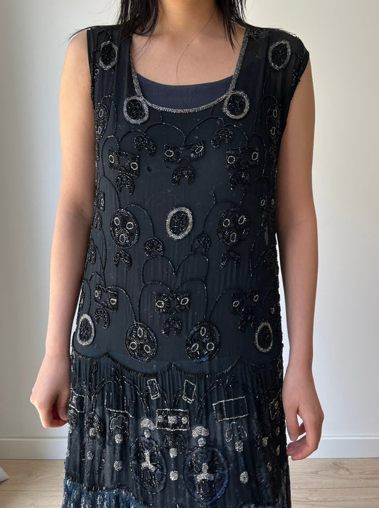 1920s Antique Evening Night Dress Flapper Silk Beaded Embroidered dress
