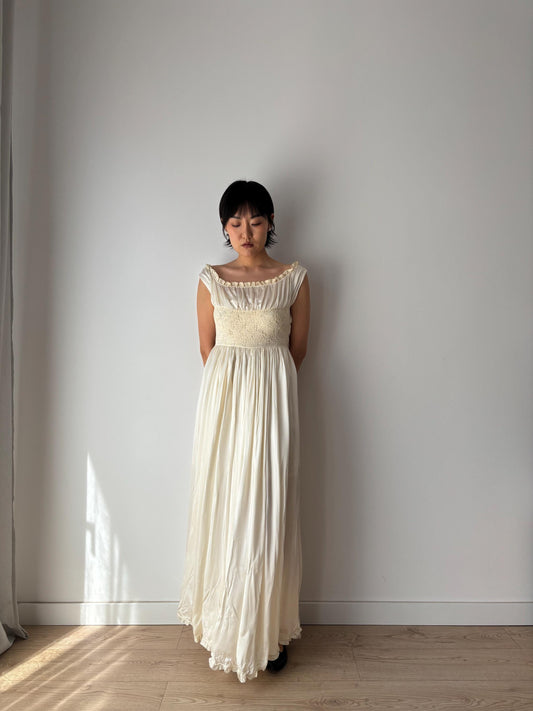 1930s Antique Satin Silk Heavy Lace Bridal Wedding Dress, Liquid Art deco Nightdress