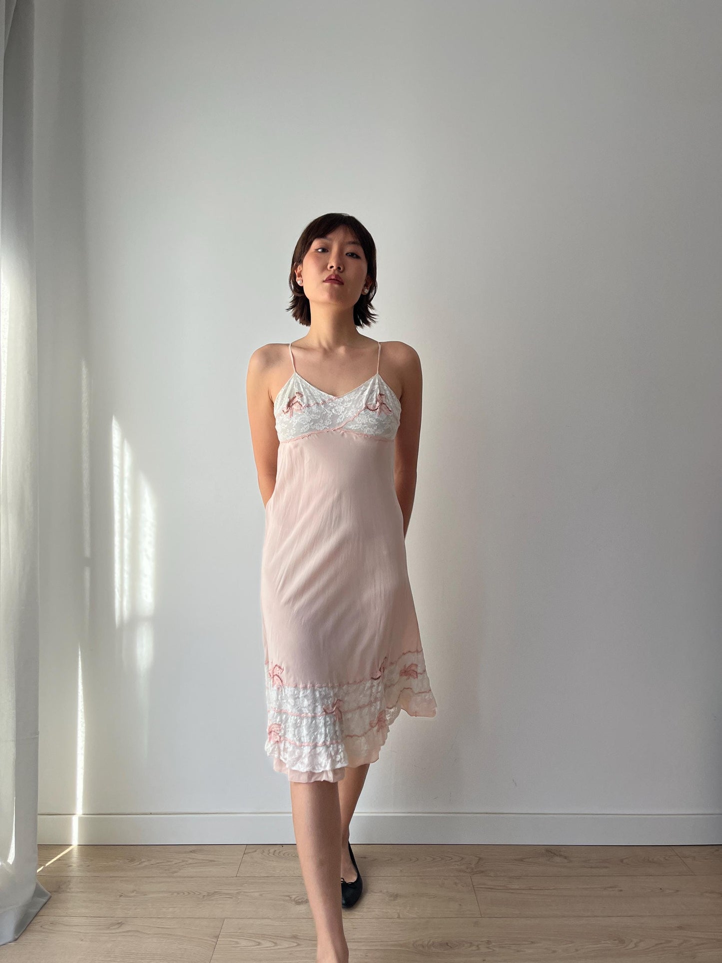 1930s Antique Pastel Pink Lace Liquid Crepe Silk Slip dress, Vintage lace mini dress