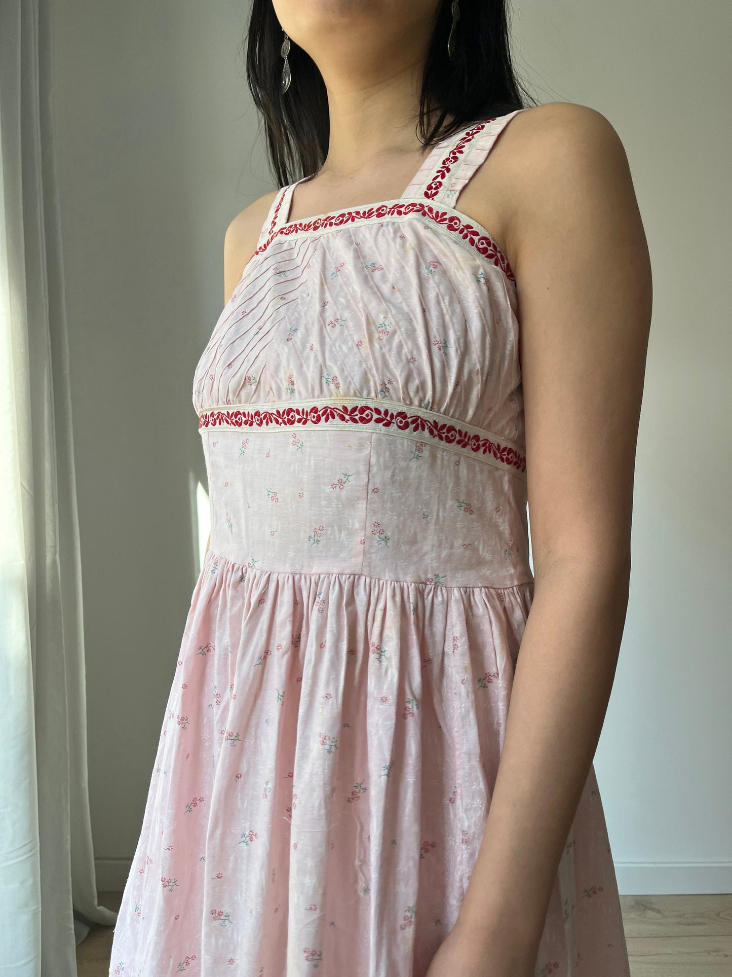 vintage 1940s blue pink floral print cotton lace summer dress, 1950s romantic parisian maxi slip dress