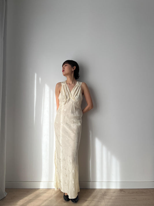 1930s Yellow Silk Bias Cut Pure Silk Satin Floral Print Wedding Nightgown