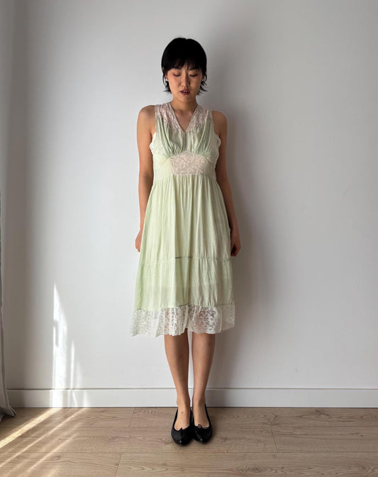 vintage 1940s 1930s mint green silk crepe heavy lace embroidered art deco dress, romantic parisian french dress