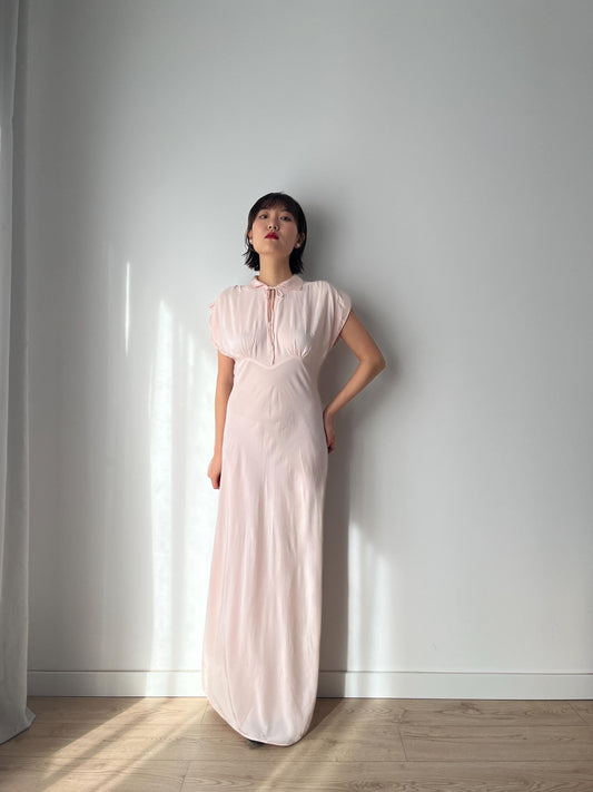 1940s pale pink peach liquid satin silk bias cut nightgown maxi lingerie dress