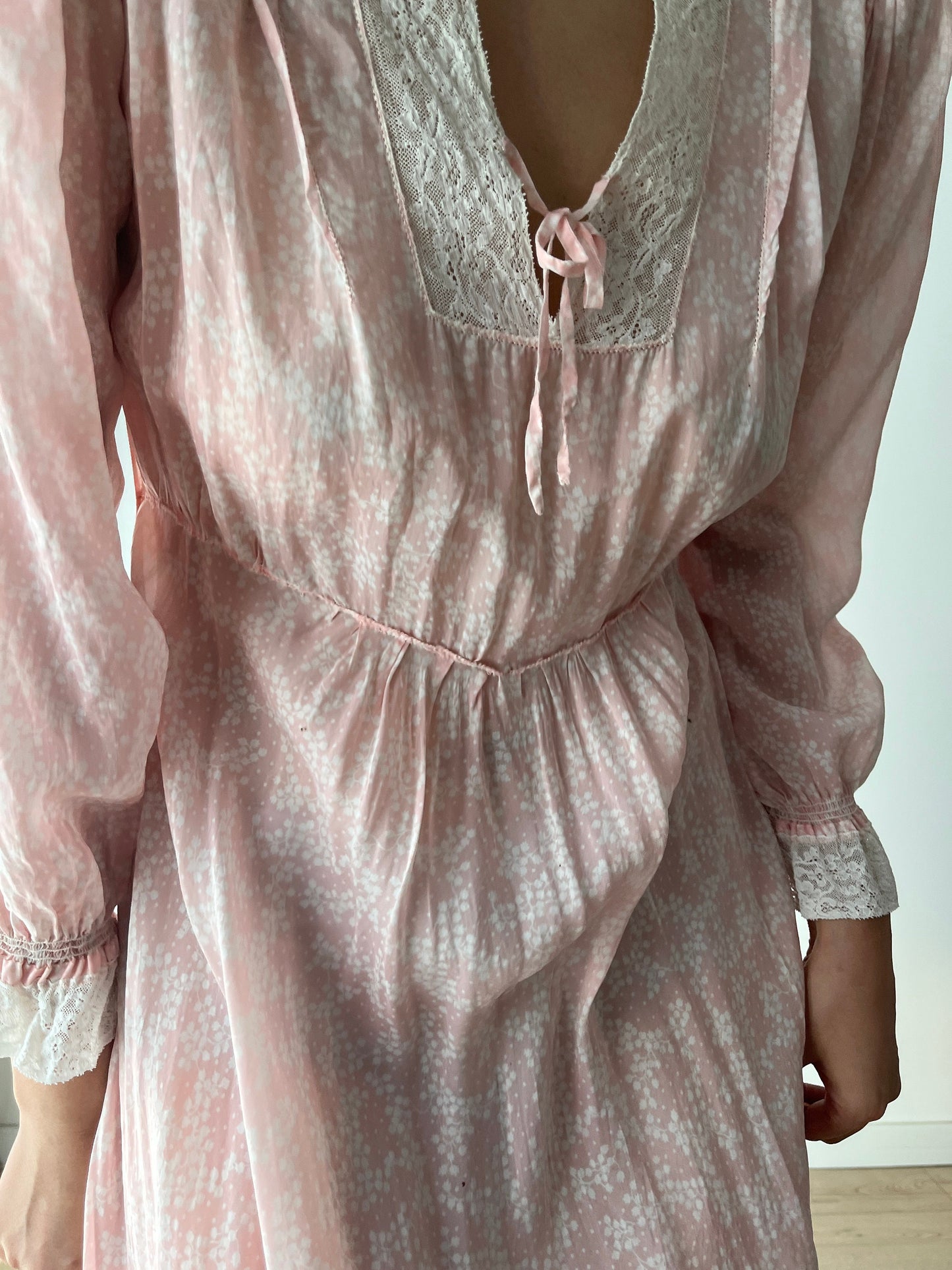 Antique 1940s bias cut liquid pure silk chiffon nightdress, Embroidered art deco pink maxi dress