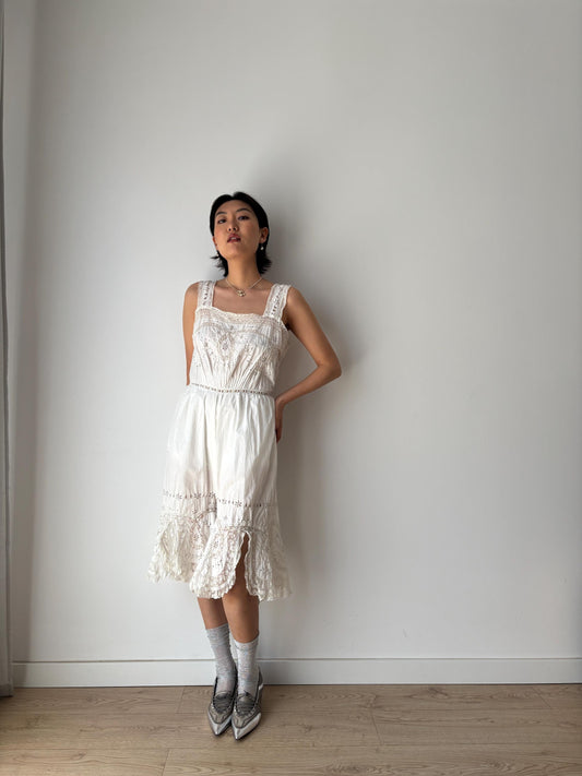 Antique 1910s Edwardian White Cotton Floral Embroidered Lace Jumpsuit Romper, One Piece Cami Split Crotch Pantaloons with Broderie Anglaise