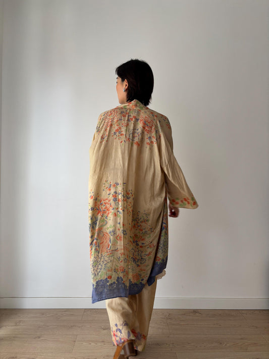 1920s 1930s Silk Pyjama Set Collectable Kimono Robe Kimono Jacket Pants Hand Painted Silk Wedding Vacation Jazz Age/Art Deco Flapper Robe