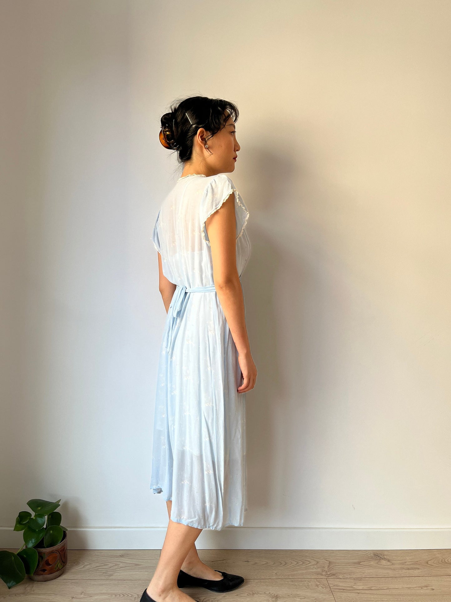 Antique 1930s bias cut liquid pure silk floral nightdress, Embroidered art deco babe blue maxi dress