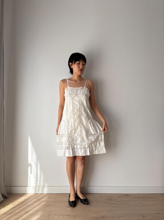 1910s 1900s Antique White Cotton Edwardian Victorian Lace Slip dress, Vintage lace mini dress