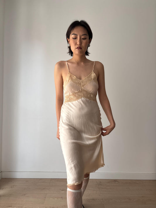 1930s 1920s Antique Pastel Pink Flower bow print Embroidered Lace Silk Satin Slip dress