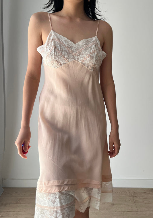 1930s Antique Pastel Pink Lace Liquid Crepe Silk Slip dress, Vintage lace mini dress