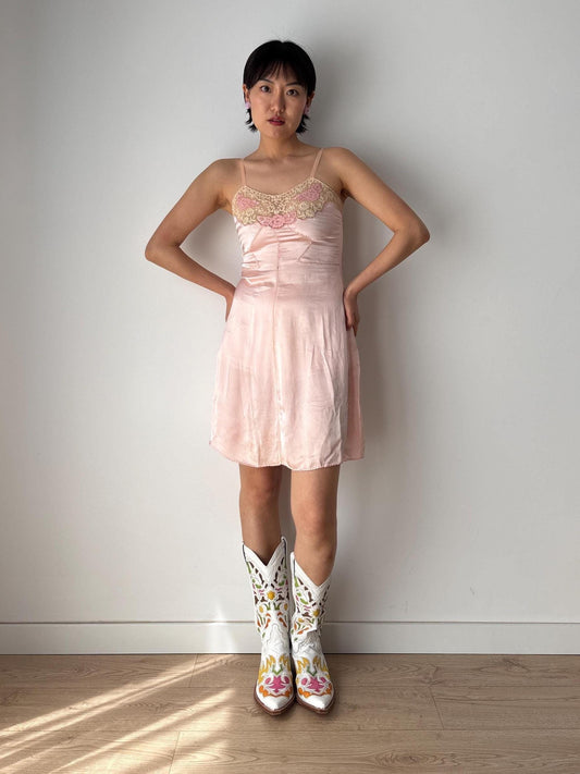 1920s Pink peach Lace Liquid Silk lace Embroidered Camisole, 30s Slip Dress