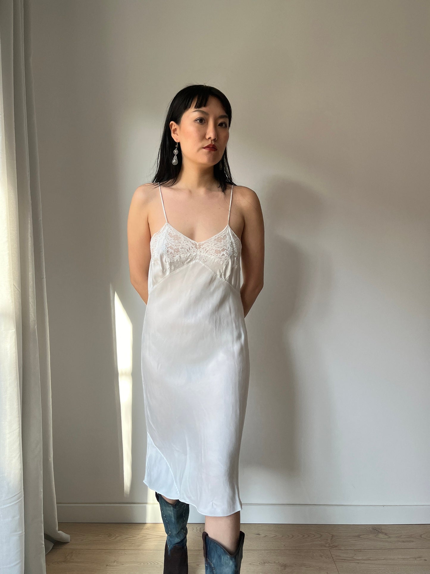1930s Antique White Lace Liquid Silk Satin Slip dress, Bias cut Vintage lace mini dress