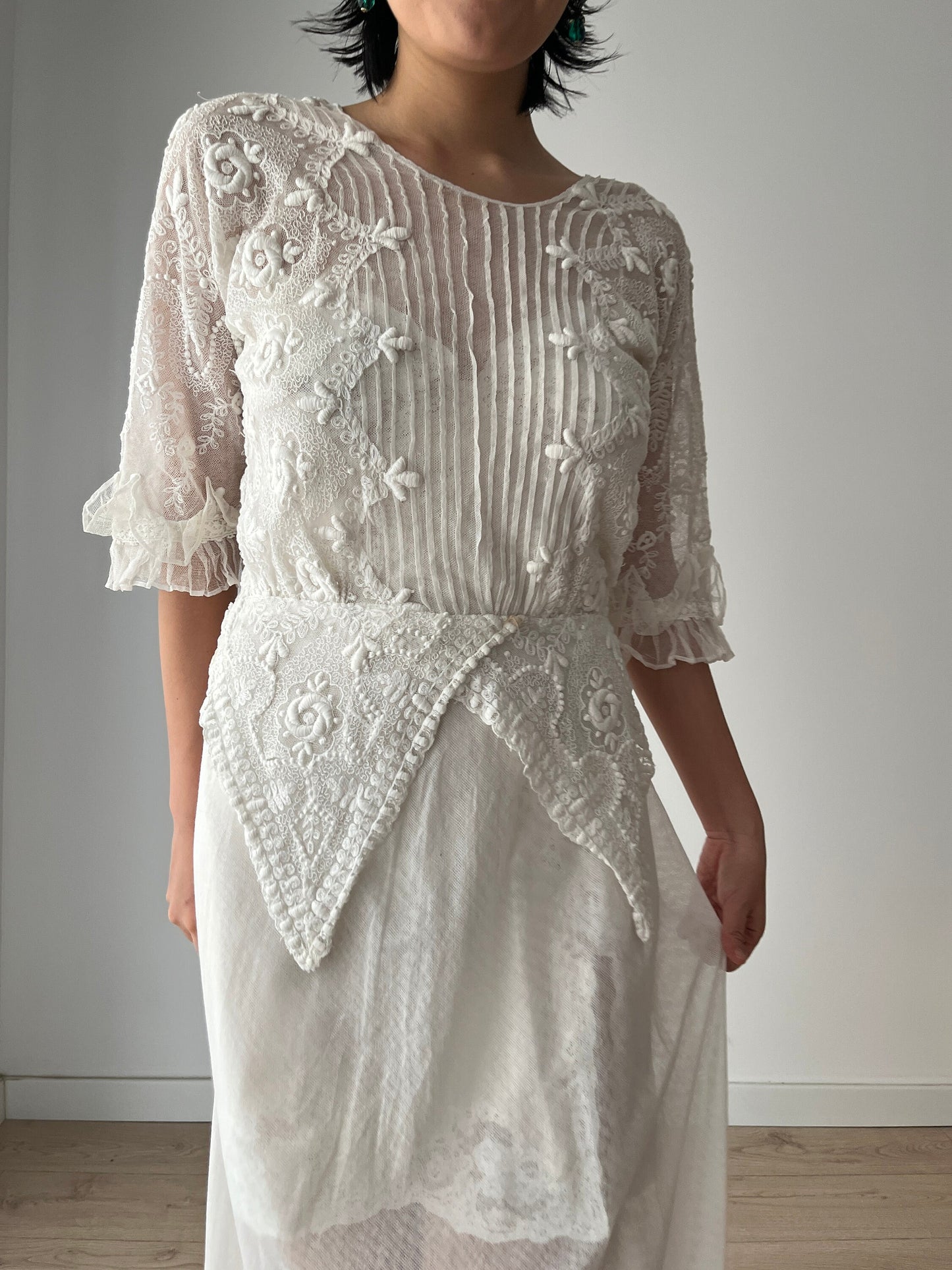 Antique 1910s 1900s White Cotton Lace Renaissance Victorian Edwardian Dress