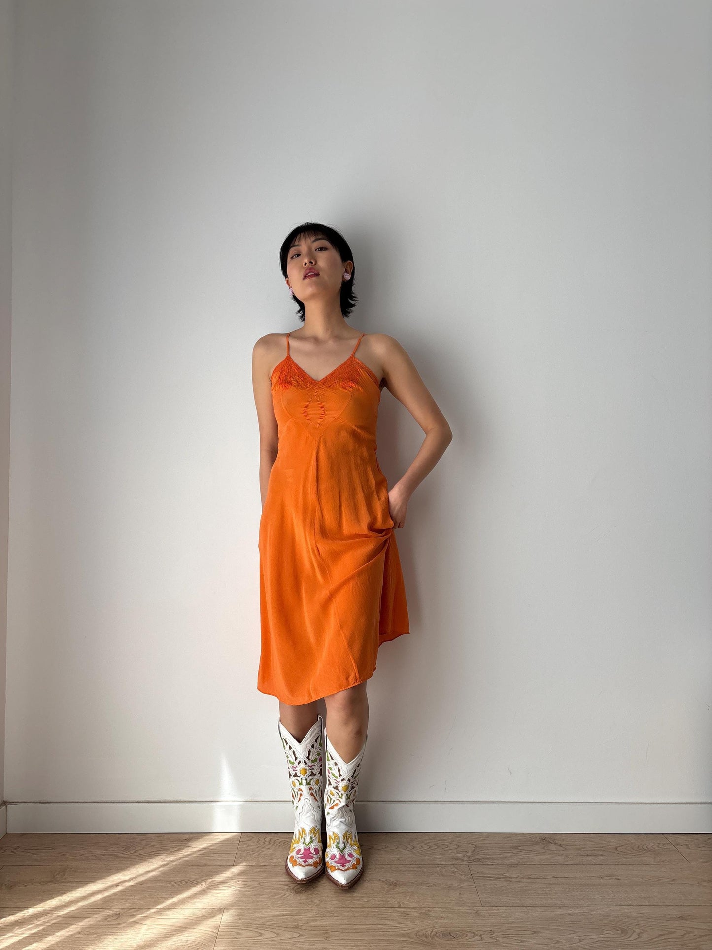 1920s 1930s 100% Silk Orange Bow Appliqué Embroidered Slip dress