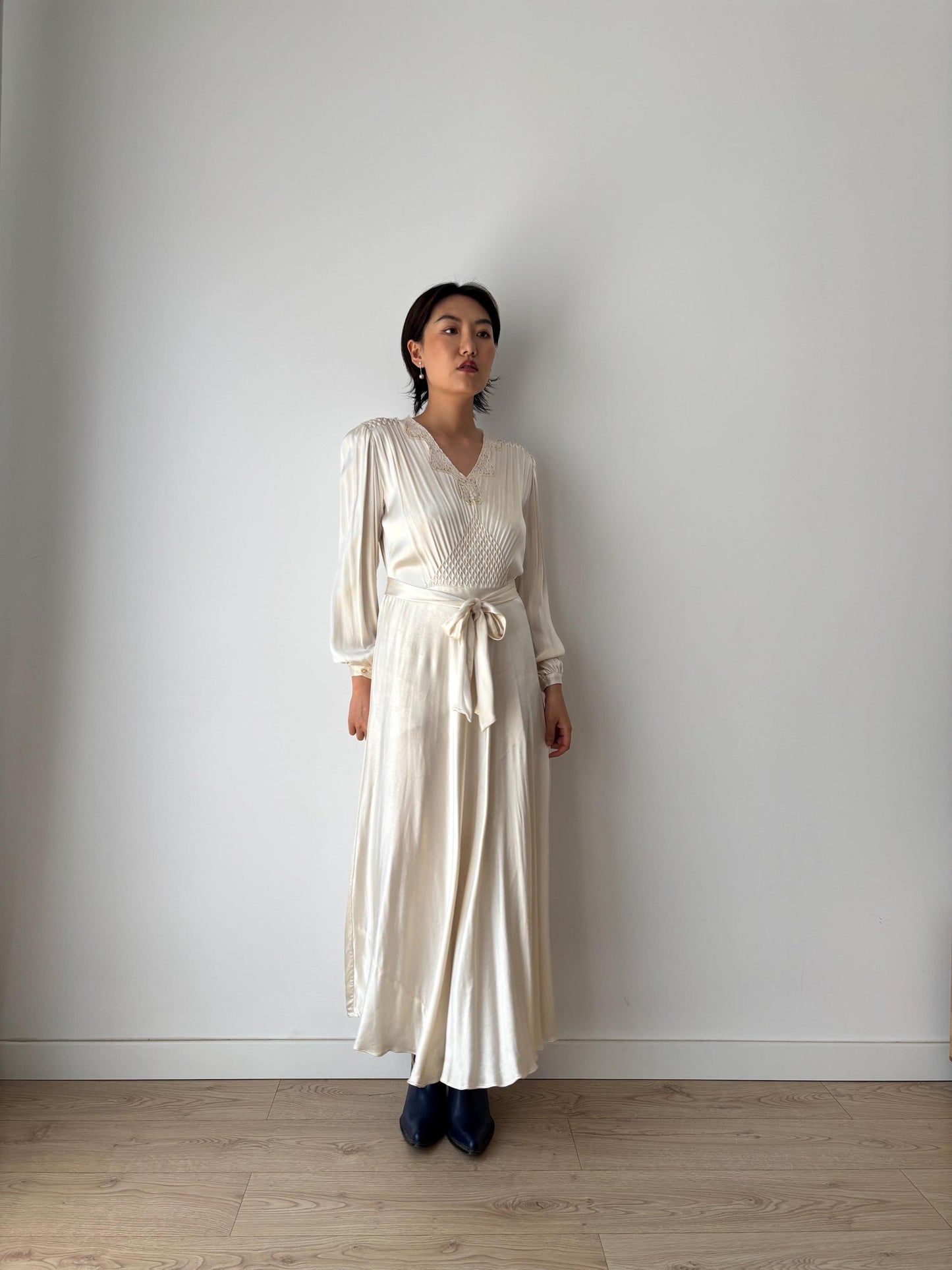 1930s Antique Lace Bridal 100% Silk Liquid Satin Long Maxi dress