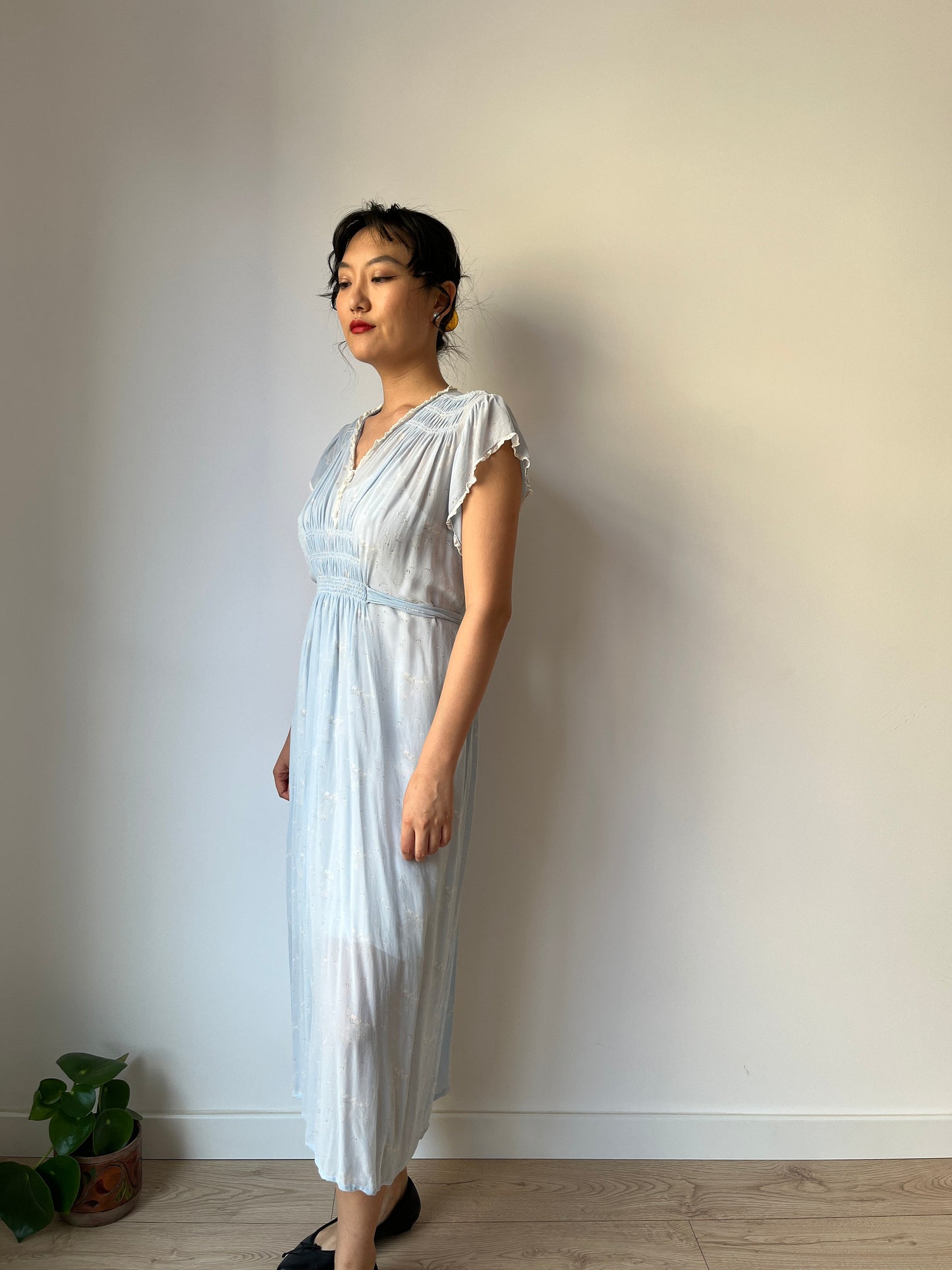 Antique 1930s bias cut liquid pure silk floral nightdress, Embroidered art deco babe blue maxi dress