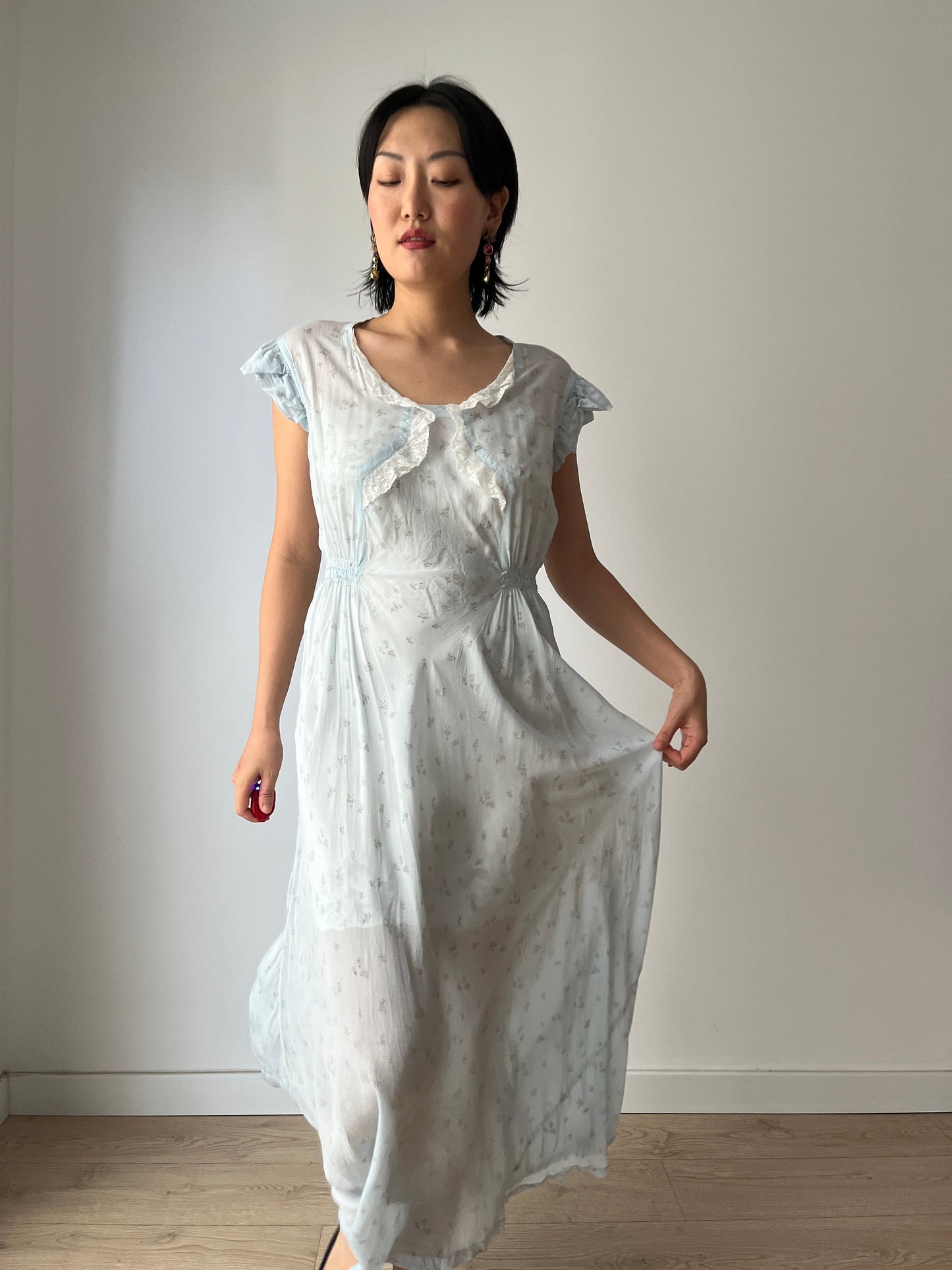 vintage 1940s blue bias cut floral crepe chiffon sheer lace embroidered art deco dress